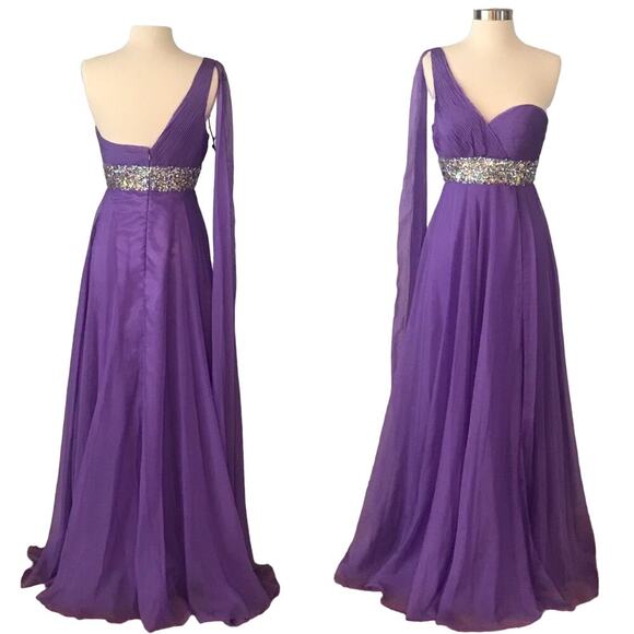 TEMPTATION Purple Lilac Gown Chiffon One Shoulder Embellished Rhinestone Dress 2 - Picture 1 of 7